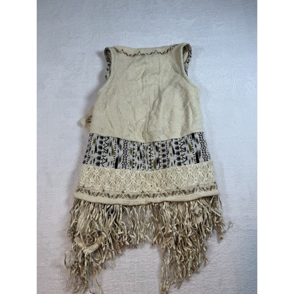 Miss Me Open Fringe Vest Cream Multicolored Aztec Print Band Accent Fringe Hem M - Picture 6 of 10